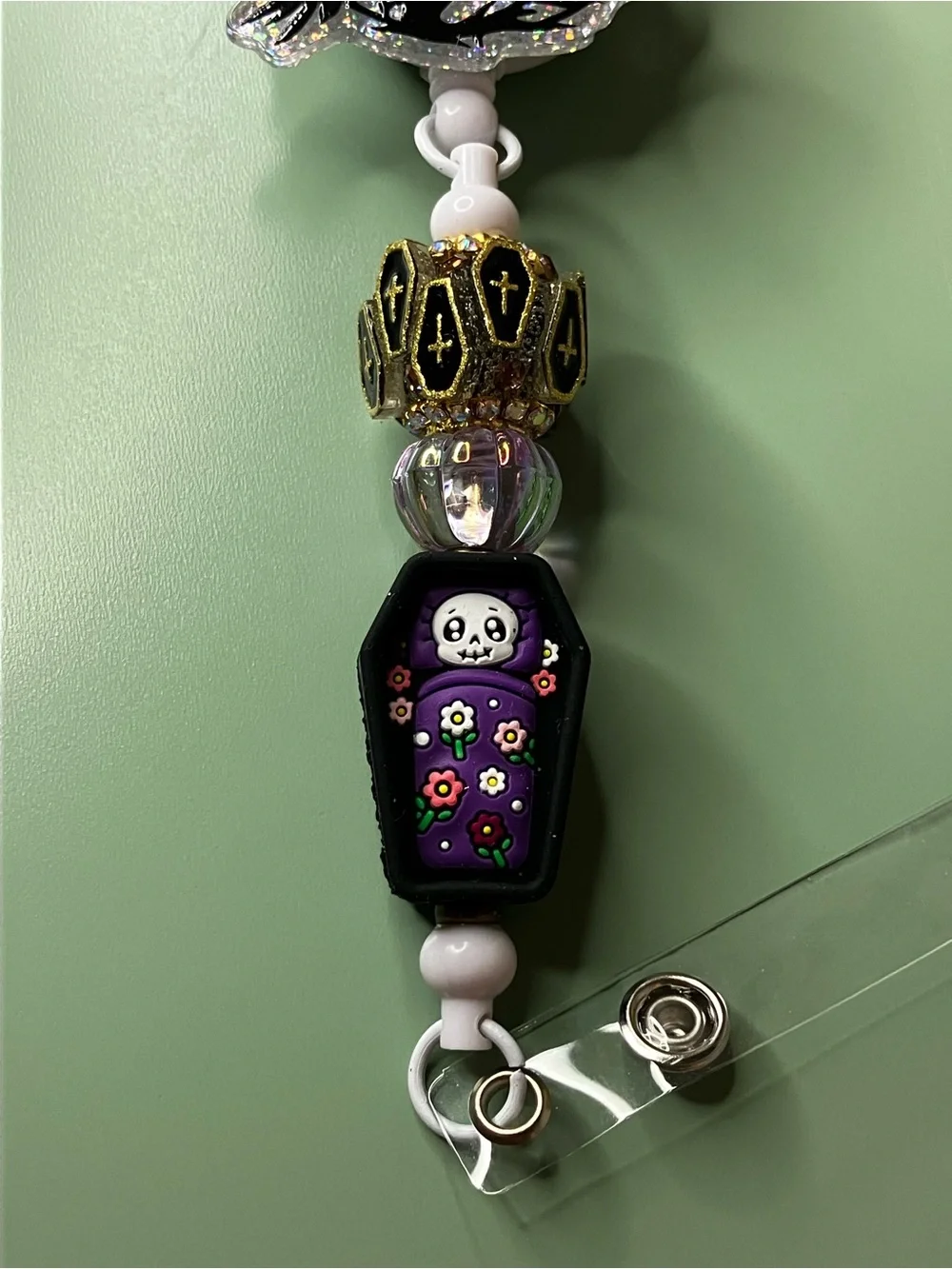 Raven Silver Sparkle Badge Reel with Coffin Beads • Handmade Halloween Work Gift
